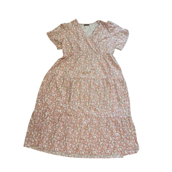 Kojooin Dresses & Skirts - Kojooin Pink Floral Maxi Dress 4XL Plus Size Tiered Wrap V-Neck Flutter Sleeve